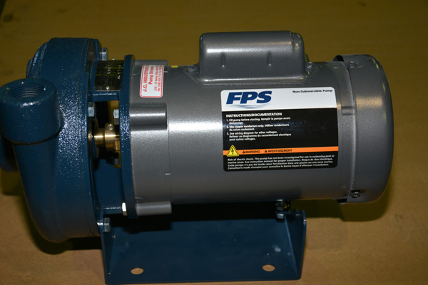 A heavy duty cast  iron Jacuzzi pump in blue and grey is available from JC Industries in Nisku