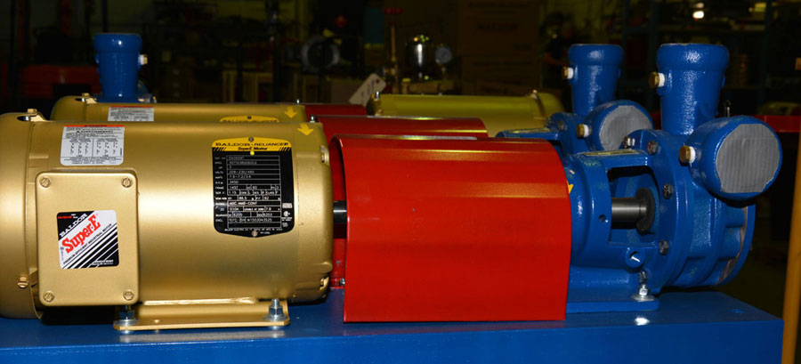 A blue cast metal Albrizac A14 pump designed by J C Industries of Nisku with attached gold Baldor motor
